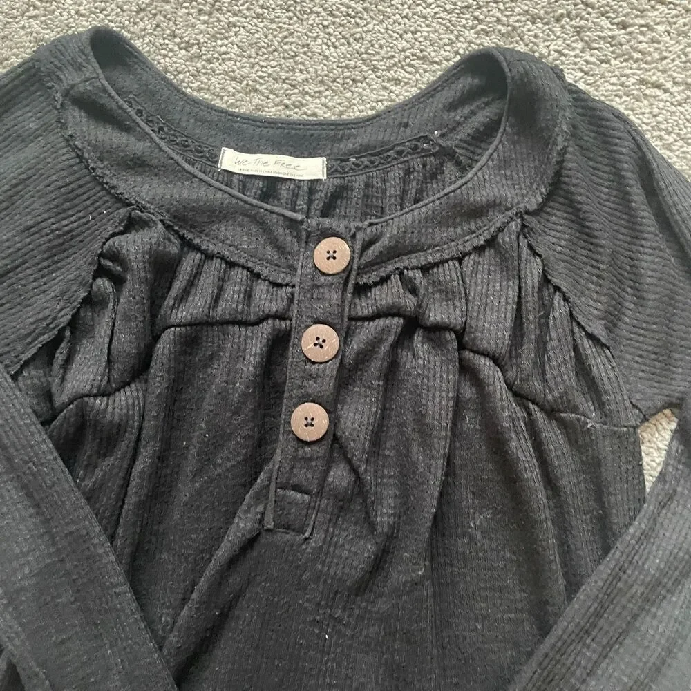 Free People Womens Long Sleeve Babydoll Top Sz Large Boho Neutral Casual Thermal